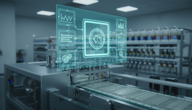 Close-up of an automated medical patch manufacturing machine with a futuristic blue holographic control interface in a pharmaceutical laboratory
