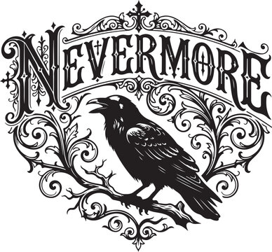 Nevermore gothic typography with raven on branch and vintage ornamental scrollwork for edgar allan poe literary theme and dark aesthetic design mysterious crow bird line art graphics.