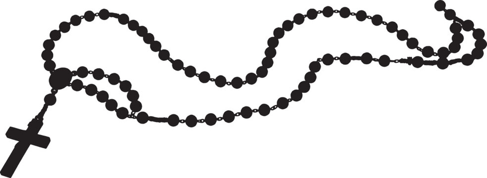 Black silhouette of a catholic rosary beads necklace with a cross pendant isolated on transparent background, Vector