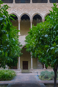 Monestir de Pedralbes (Pedralbes Monastery) Courtyard, Barcelona, Orange Trees, Gothic Cloister Architecture, Stone Arches