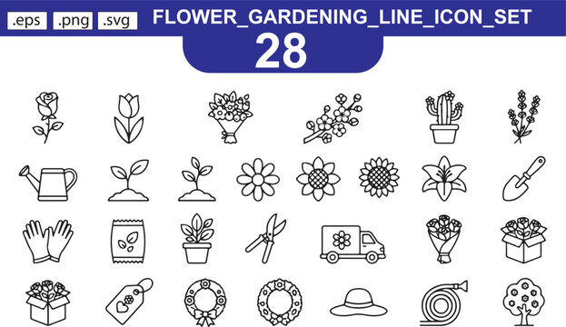 Flower and gardening line icon set of 28 elements for plants, nature, and horticultural activities, editable eps png svg.
