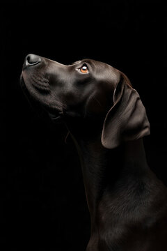 Profile Portrait of a Weimaraner Dog on Dark Background, Sleek Coat, Amber Eye, Majestic Animal