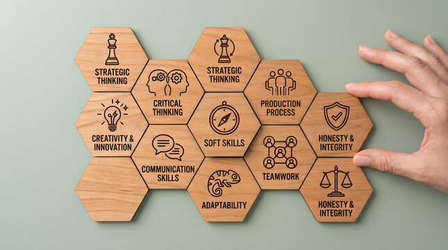 Professional Development Concept Hand Placing Wooden Hexagonal Tiles on Green Background