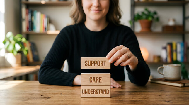 Corporate Empathy and Support Concept with Wooden Blocks on Office Table