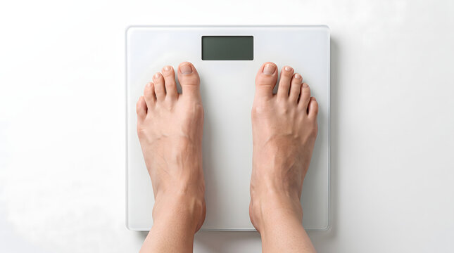 Bare feet standing on a white digital bathroom scale