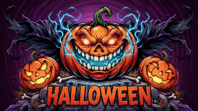 Spooky halloween background featuring a glowing jack o lantern with sharp teeth and magical energy