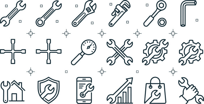 Hand Tools and Equipment Icon Set with Wrench, Screwdriver, Pipe Wrench, Repair, Maintenance and Engineering Outline Vector Collection