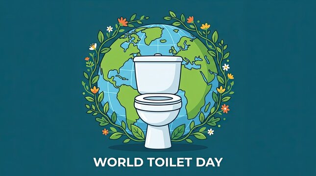 World Toilet Day concept with globe and flowers. Global sanitation awareness illustration.
