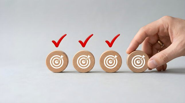Goal Achievement and Strategic Success Concept Hand Placing Wooden Target Icon Blocks