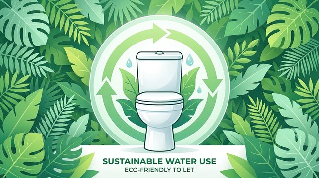 Modern toilet with eco recycling symbol. Sustainable water use concept with green leaves.