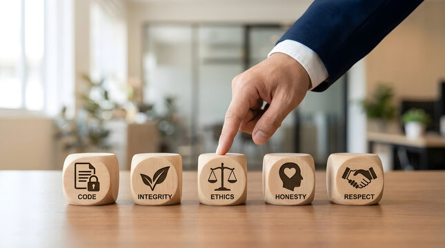 Corporate Ethics and Values Concept Hand Touching Wooden Cube Office Interior