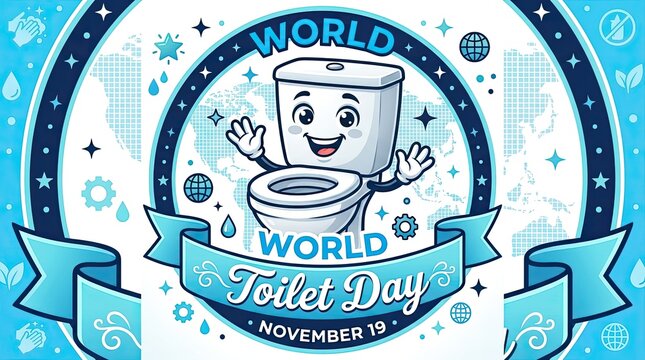World Toilet Day celebration emblem. Cartoon mascot design for November 19 awareness event.