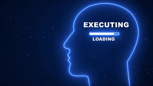 Artificial intelligence brain loading concept: digital human silhouette with executing progress bar and glowing neural network interface