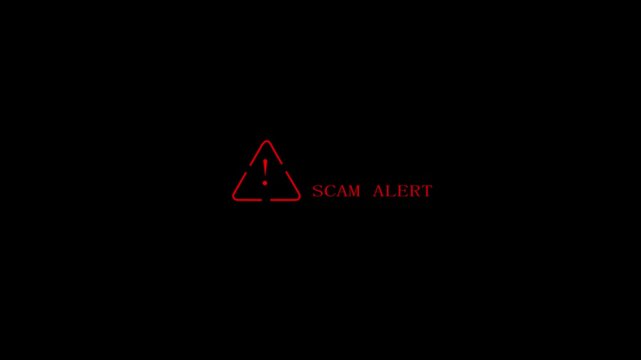 Red outlined warning triangle with SCAM ALERT text animation on a black background, showing a digital fraud warning and security notification concept.