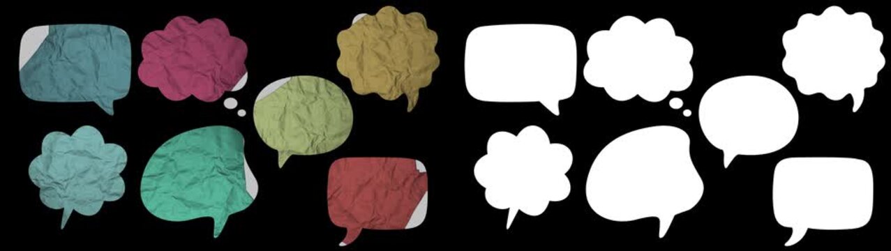 Stop motion animation of folding crumpled paper text bubbles with alpha channel, colorful animated speech balloons graphic overlay resource