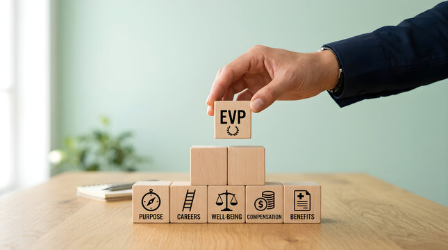 Employee Value Proposition Concept Hand Placing Wooden Block on Office Desk
