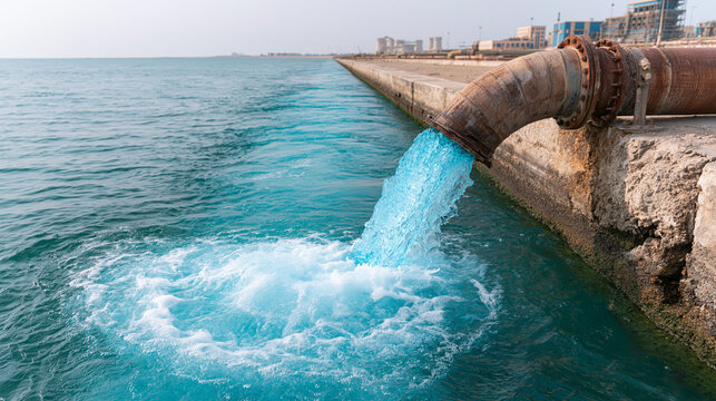 Industrial discharge pipe releasing blue colored water into ocean illustrating environmental pollution.