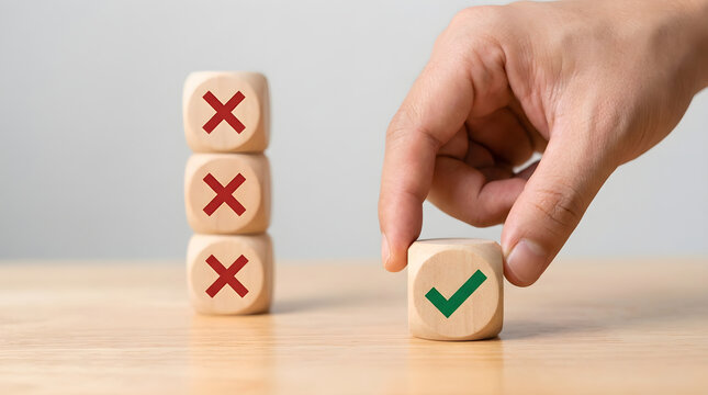 Decision Making and Quality Validation Concept Hand Placing Wooden Cube Block