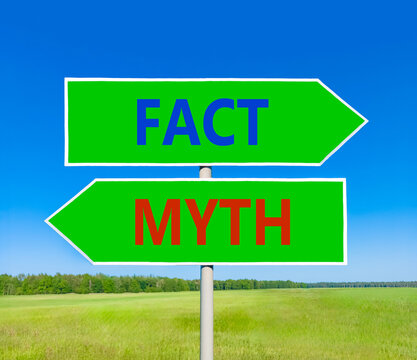 Fact or myth words symbol. Concept words Myth and Fact on beautiful green road sign. Beautiful blue sky background. Business and fact or myth concept. Copy space.