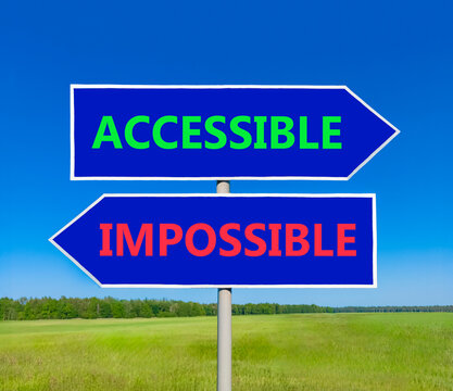 Accessible or impossible symbol. Concept words Accessible or Impossible on beautiful blue road sign. Beautiful blue sky background. Business accessible or impossible concept. Copy space.