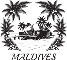 Obraz premium Maldives tropical vacation destination illustration with exotic palm trees and traditional overwater bungalow on sandy beach shore with ocean waves for island travel branding projects.