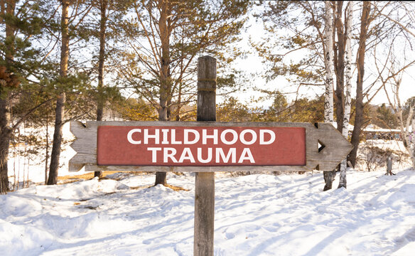 Childhood trauma words symbol. Concept words Childhood trauma on beautiful wooden road sign. Beautiful snow forest background. Psychological childhood trauma support concept. Copy space.