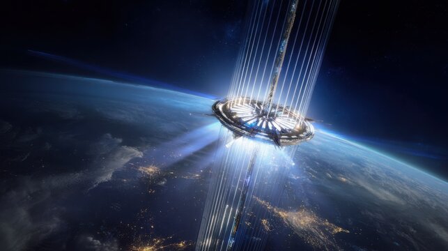 Concept illustration of a futuristic space elevator extending from Earth into orbit, luminous structural cables and glowing orbital station against