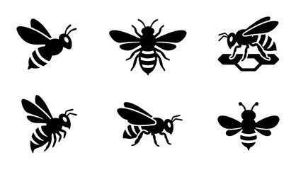 Fototapeta premium Six Black Bee Icons, Insect Vector Graphics, Honeycomb Elements, Wildlife Symbols