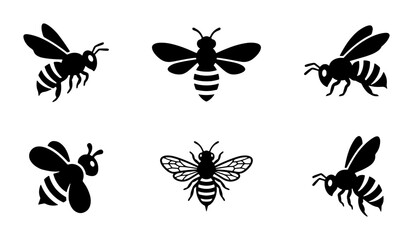 Fototapeta premium Six Black Bee Icons, Insect Vector Graphics, Simple Flying Insect Silhouettes for Nature and Honey Themes