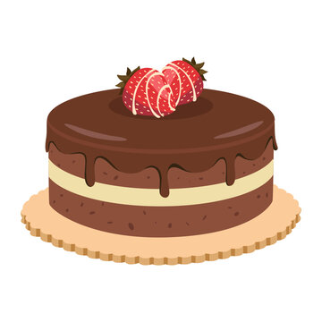 Chocolate cake decorated with strawberries, chocolate icing, dessert