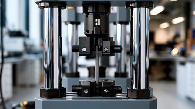 Universal testing machine with heavy chrome columns and mechanical grips holding a slender metal specimen at the centre bright laboratory with white background and clean floor