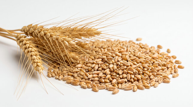 Golden Wheat Ears with Natural Grain on White Background for Agriculture Product Photography