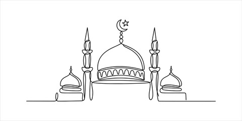 Continuous single line drawing of an islamic mosque building with domes and minarets for ramadan kareem and eid religious celebration holiday design © Suman