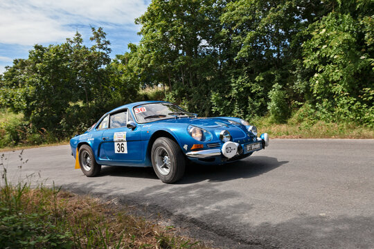 Vintage Alpine Renault A110 Berlinette racing car from the 1970s driving during a classic car rally in Meldola, Italy, on June 2, 2013.