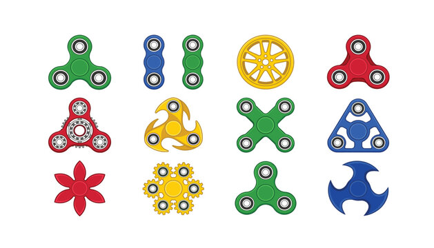 A large collection of colorful fidget hand spinners with unique shapes . featuring metallic ball bearings, gear teeth, multi-blade rotors, plastic toy parts .