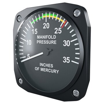 Aircraft manifold pressure gauge showing inches of mercury scale, isolated on a white background. 3D render image.