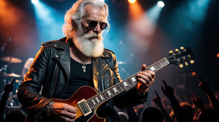 Obraz premium Senior man with long white beard plays electric guitar on concert stage. Rock musician in leather jacket performs for crowd. Lights shine on performer and audience.