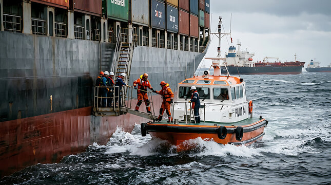 Pilot boat crew transfers to large cargo ship in busy port, assisting maritime navigation