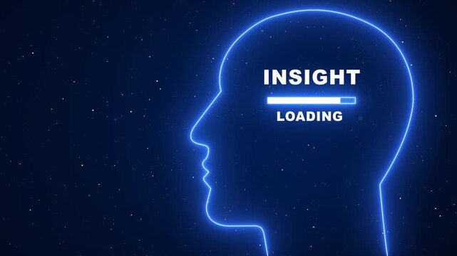 Artificial intelligence insight loading concept with neon human head profile and progress bar animation