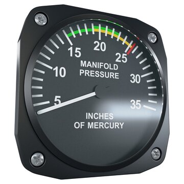Aircraft manifold pressure gauge showing inches of mercury scale, isolated on a white background. 3D render image.