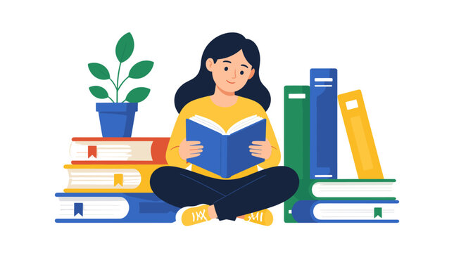 Young girl reading a book among colorful stacks of books.