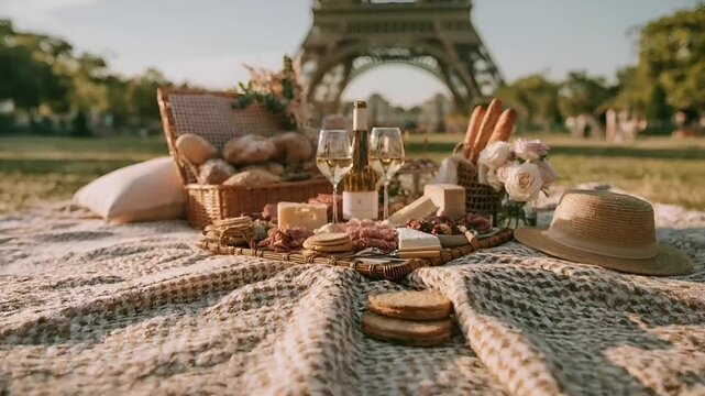Paris, France, Europe. A vivid outdoor scene depicts a romantic picnic in front of the Eiffel Tower. The main subject is a picnic basket filled with a variety of food items, including bread, cheese.