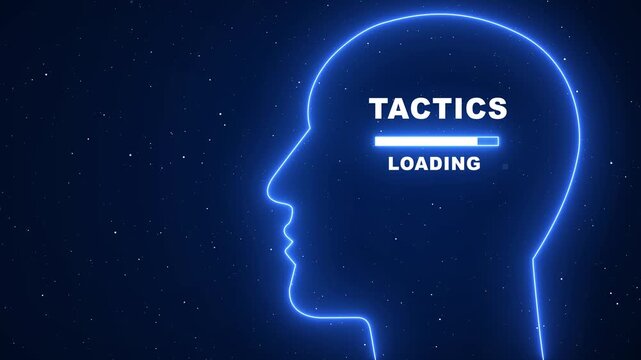 Tactics loading concept: digital human head silhouette with progress bar for business strategy, artificial intelligence, and mindset growth