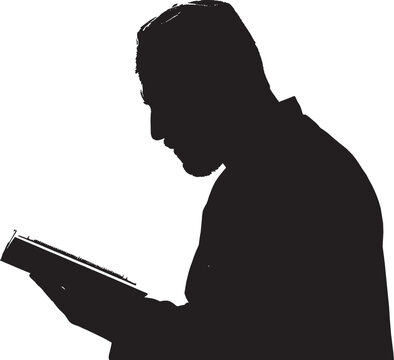 Black silhouette of a man reading a book, focused and concentrated person studying literature and gaining knowledge in a quiet and peaceful moment isolated on transparent background, Vector