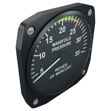 Aircraft manifold pressure gauge showing inches of mercury scale, isolated on a white background. 3D render image.