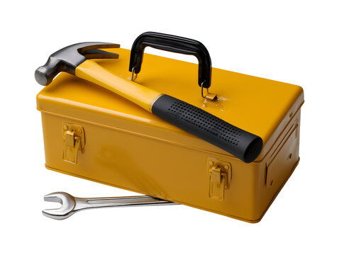 Yellow toolbox with hammer and wrench isolated on transparent or white background, png