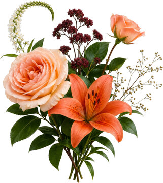 Peach rose and orange lily bouquet on transparent background