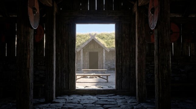View from inside a dark Viking longhouse looking out at a traditional village with a turf roof building