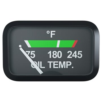 Aircraft oil temperature gauge with OIL TEMP. text and Fahrenheit scale, isolated on a white background. 3D render image.