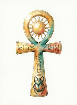 watercolor-style illustration, a golden ankh
